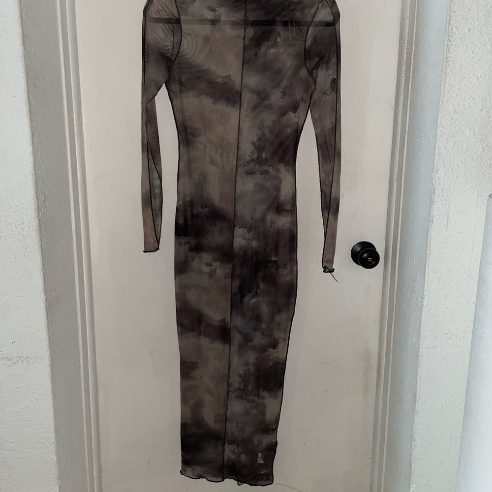 Sheer Long-Sleeve Tie-Dye Bodycon Dress - Gray